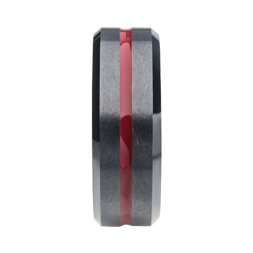 Red Aluminum Inlay Black IP Steel Beveled Comfort Fit Ring