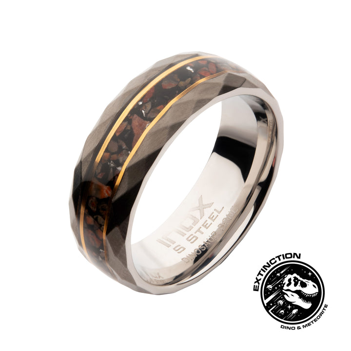 Gun Metal IP Steel Matte Finish Dinosaur Bone Inlay & Thin 18K Gold IP Lines Comfort Fit Ring