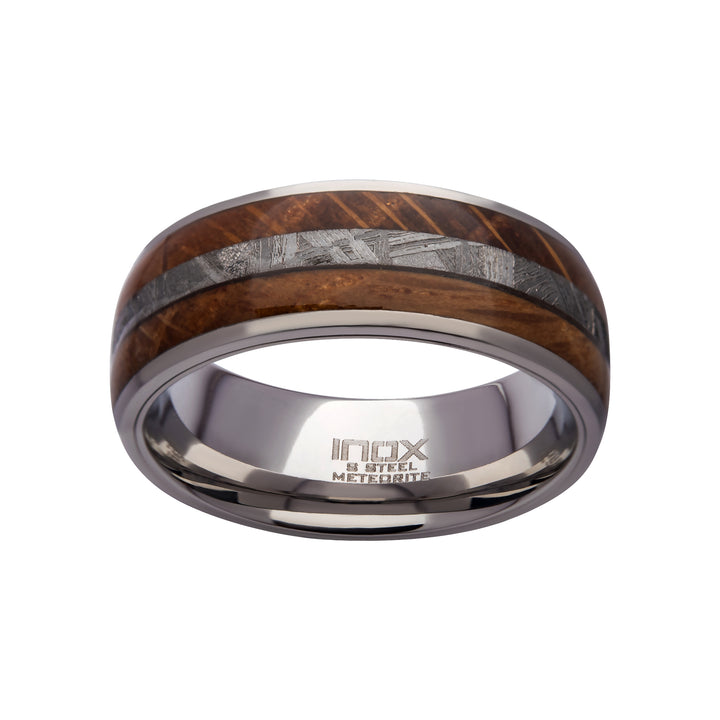 8mm Wood & Meteorite Inlay Steel Comfort Fit Ring