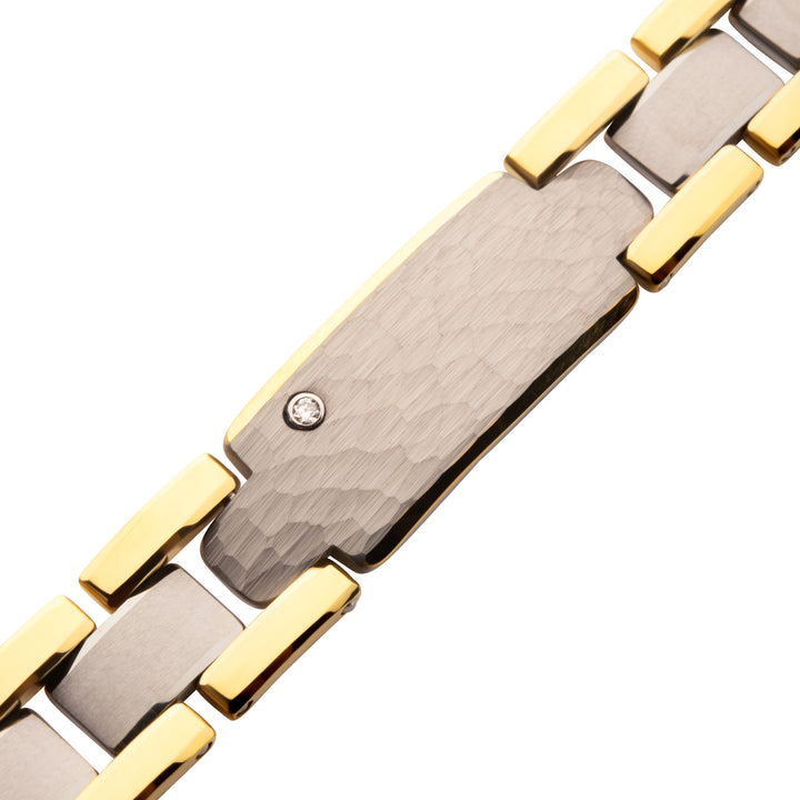 Genuine Lab-Grown Diamond on 18Kt Gold IP Tungsten Carbide Hammered ID Sizeable Link Bracelet