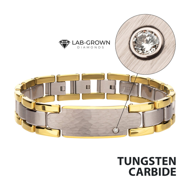 Genuine Lab-Grown Diamond on 18Kt Gold IP Tungsten Carbide Hammered ID Sizeable Link Bracelet