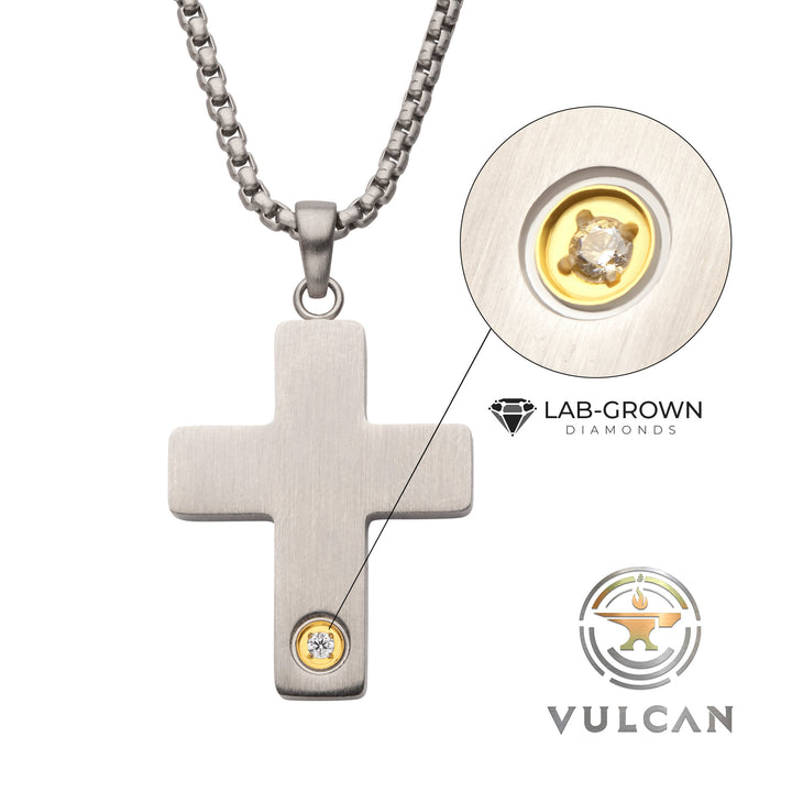 1.6mm Genuine Clear Lab-Grown Diamond on Matte Finish Steel Engravable Compact Cross Vulcan Pendant