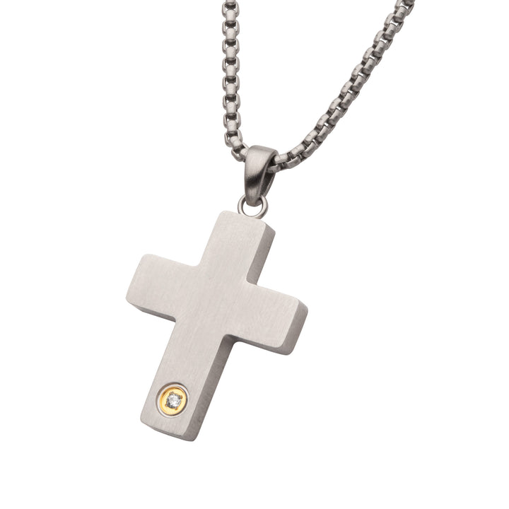 1.6mm Genuine Clear Lab-Grown Diamond on Matte Finish Steel Engravable Compact Cross Vulcan Pendant