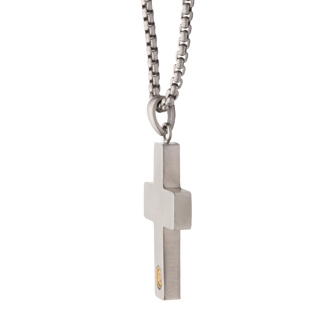 1.6mm Genuine Clear Lab-Grown Diamond on Matte Finish Steel Engravable Compact Cross Vulcan Pendant