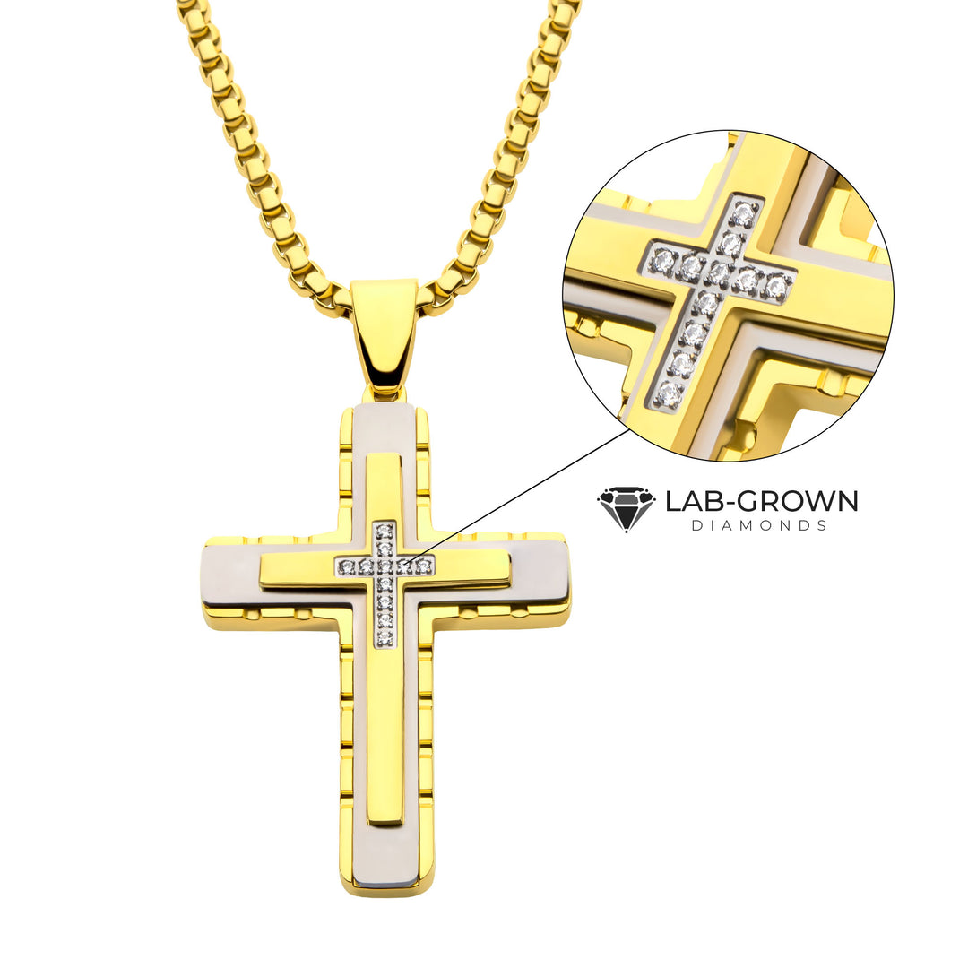 18Kt Gold IP Steel CNC Set Lab-Grown Diamond Layered Cross Pendant