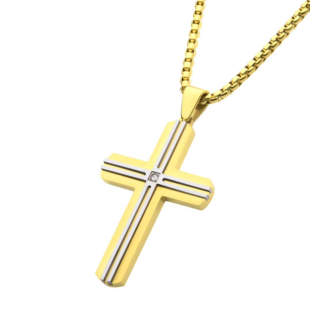 18Kt Gold IP Steel Lab-Grown Diamond Thin Line Layered Cross Pendant