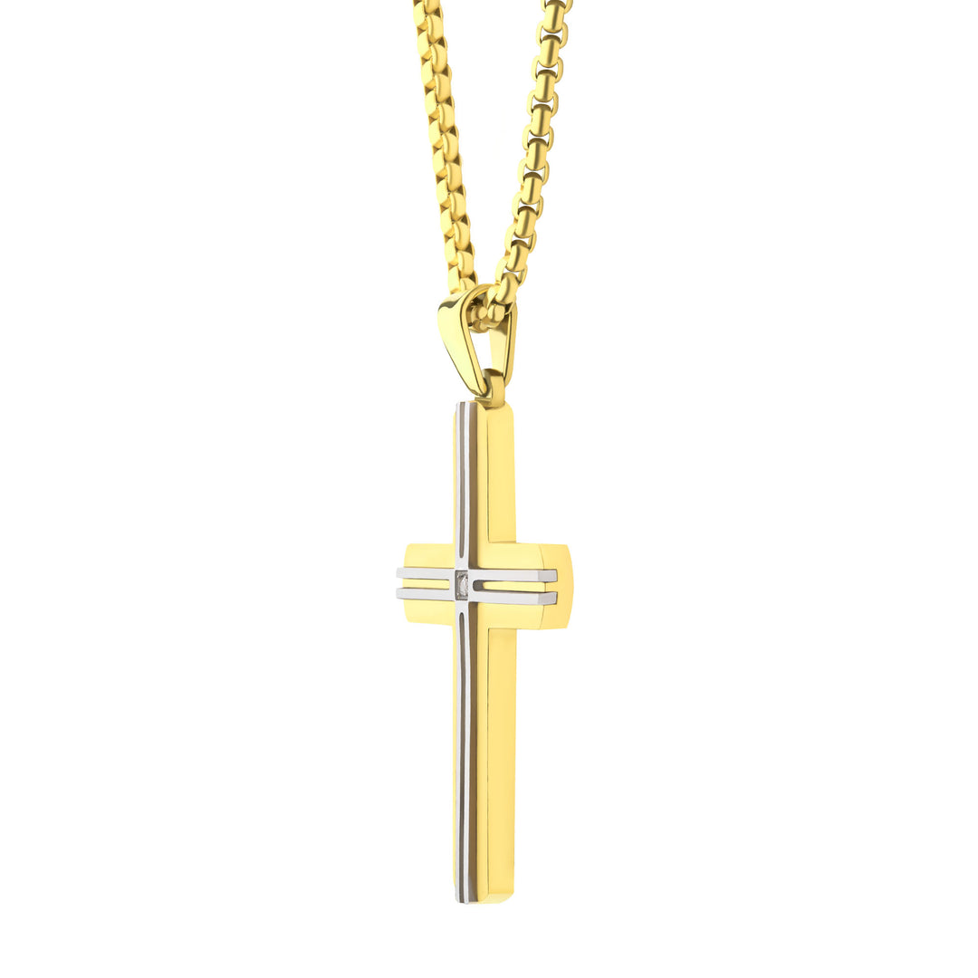 18Kt Gold IP Steel Lab-Grown Diamond Thin Line Layered Cross Pendant