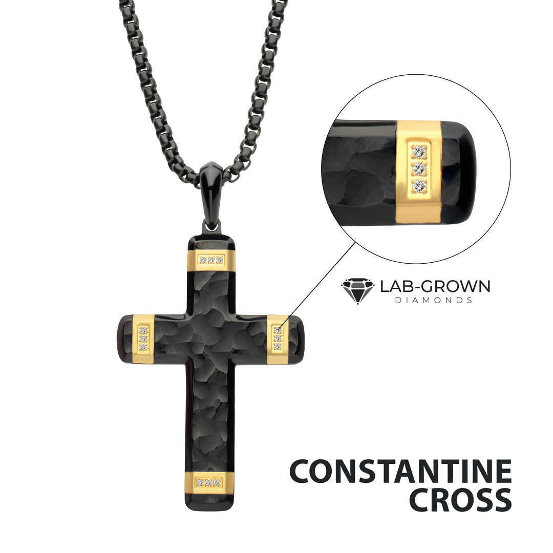 Matte Finish Black IP Carved Steel Large Cross Pendant with 18Kt Gold IP accents & Lab-Grown Diamonds