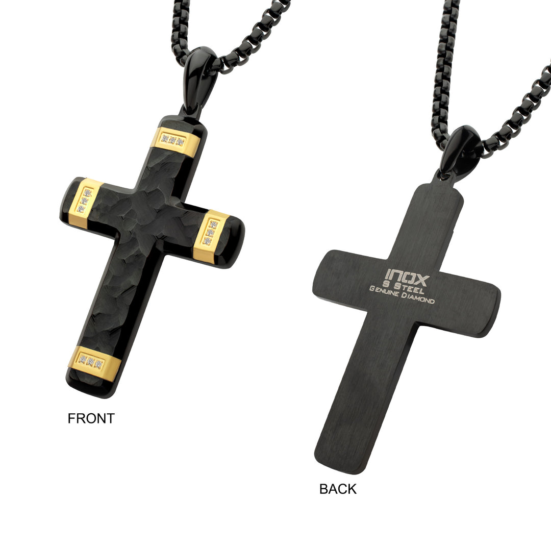 Matte Finish Black IP Carved Steel Large Cross Pendant with 18Kt Gold IP accents & Lab-Grown Diamonds