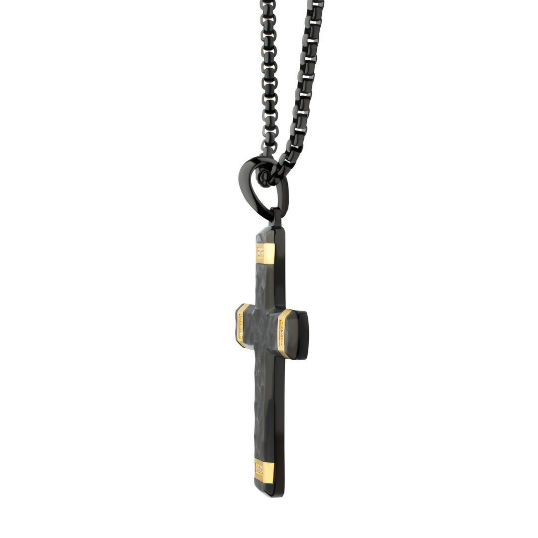 Matte Finish Black IP Carved Steel Large Cross Pendant with 18Kt Gold IP accents & Lab-Grown Diamonds