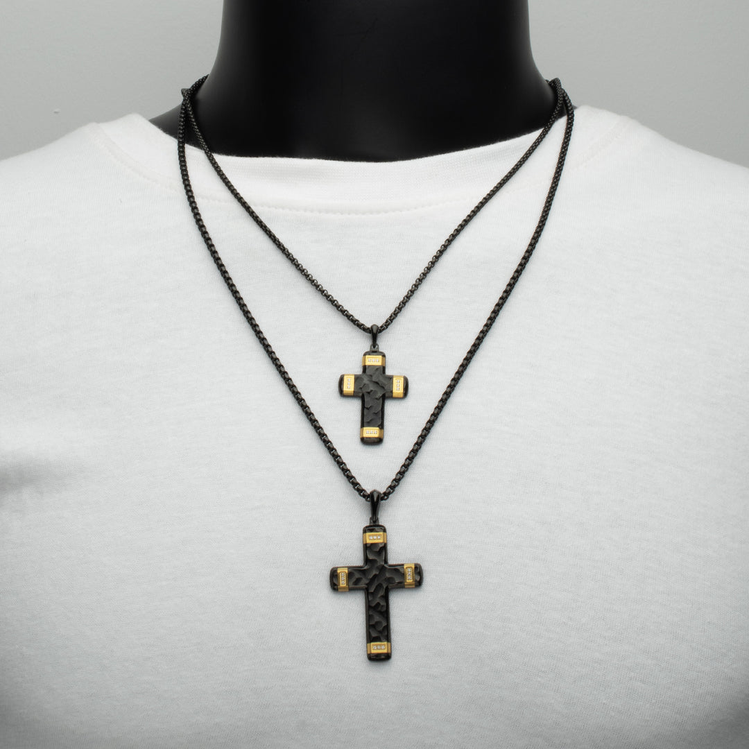 Matte Finish Black IP Carved Steel Large Cross Pendant with 18Kt Gold IP accents & Lab-Grown Diamonds