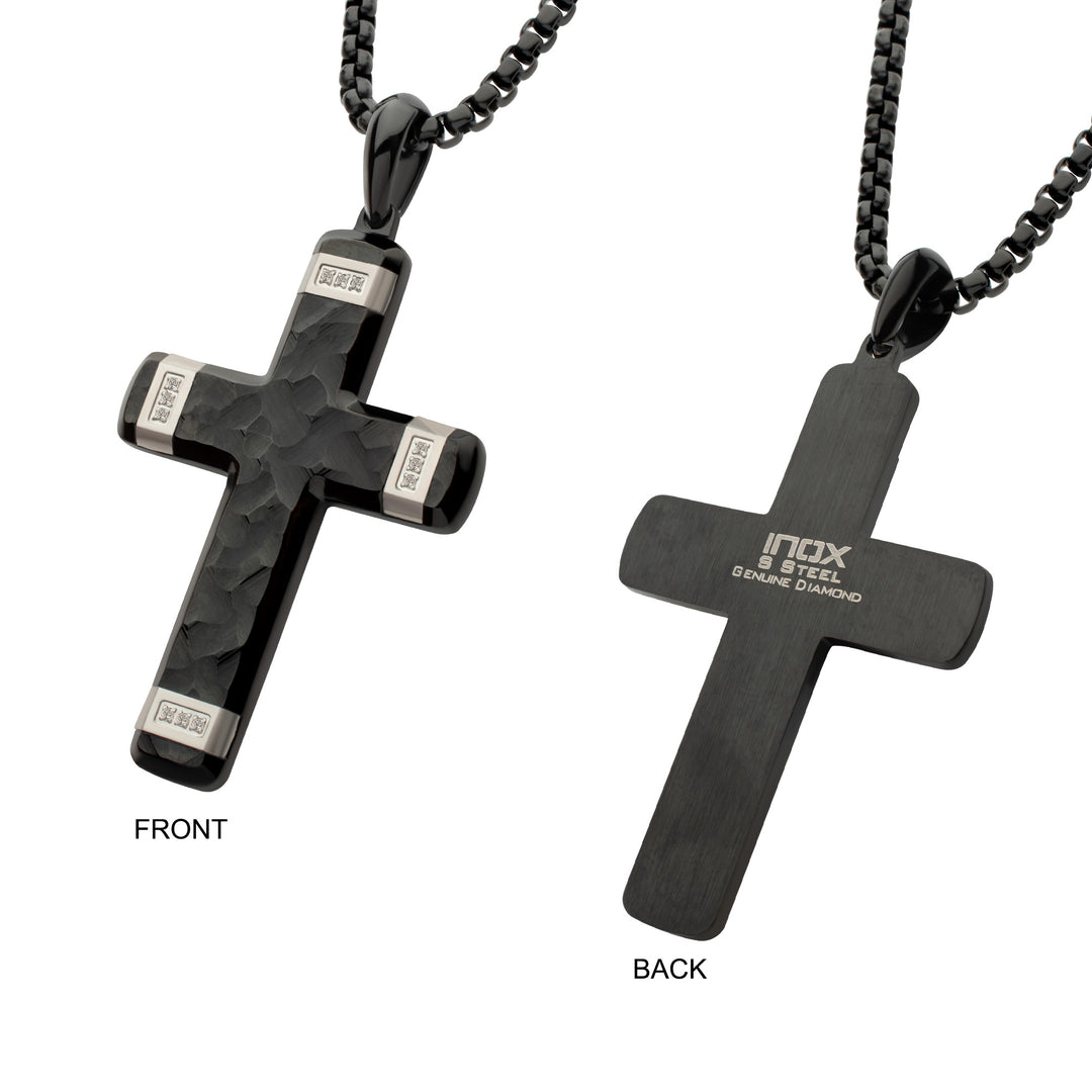 Matte Finish Black IP Carved Steel Large Cross Pendant with steel accents & Lab-Grown Diamonds