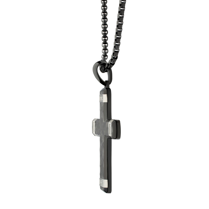 Matte Finish Black IP Carved Steel Large Cross Pendant with steel accents & Lab-Grown Diamonds