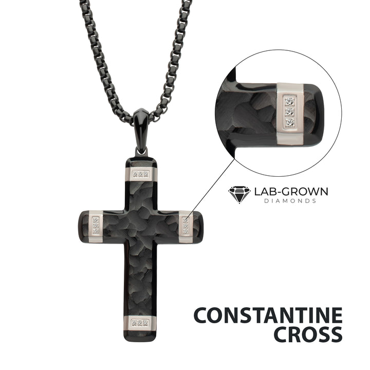 Matte Finish Black IP Carved Steel Large Cross Pendant with steel accents & Lab-Grown Diamonds