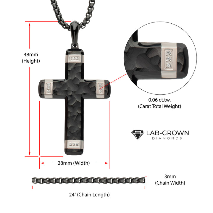 Matte Finish Black IP Carved Steel Large Cross Pendant with steel accents & Lab-Grown Diamonds