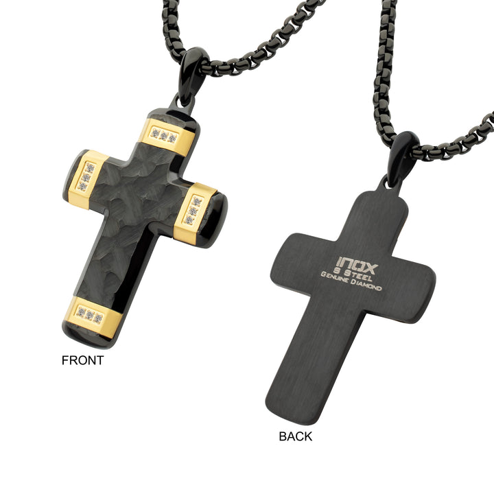 Matte Finish Black IP Carved Steel Small Cross Pendant with 18Kt Gold IP accents & Lab-Grown Diamonds