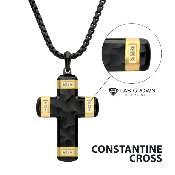 Matte Finish Black IP Carved Steel Small Cross Pendant with 18Kt Gold IP accents & Lab-Grown Diamonds