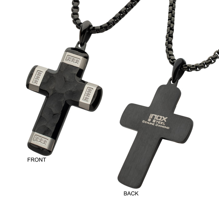 Matte Finish Black IP Carved Steel Small Cross Pendant with steel accents & Lab-Grown Diamonds