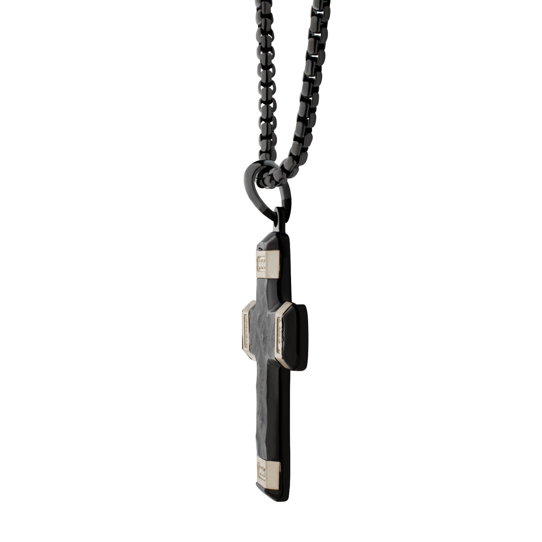 Matte Finish Black IP Carved Steel Small Cross Pendant with steel accents & Lab-Grown Diamonds