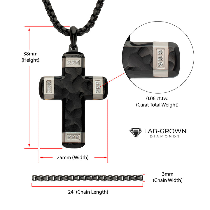 Matte Finish Black IP Carved Steel Small Cross Pendant with steel accents & Lab-Grown Diamonds