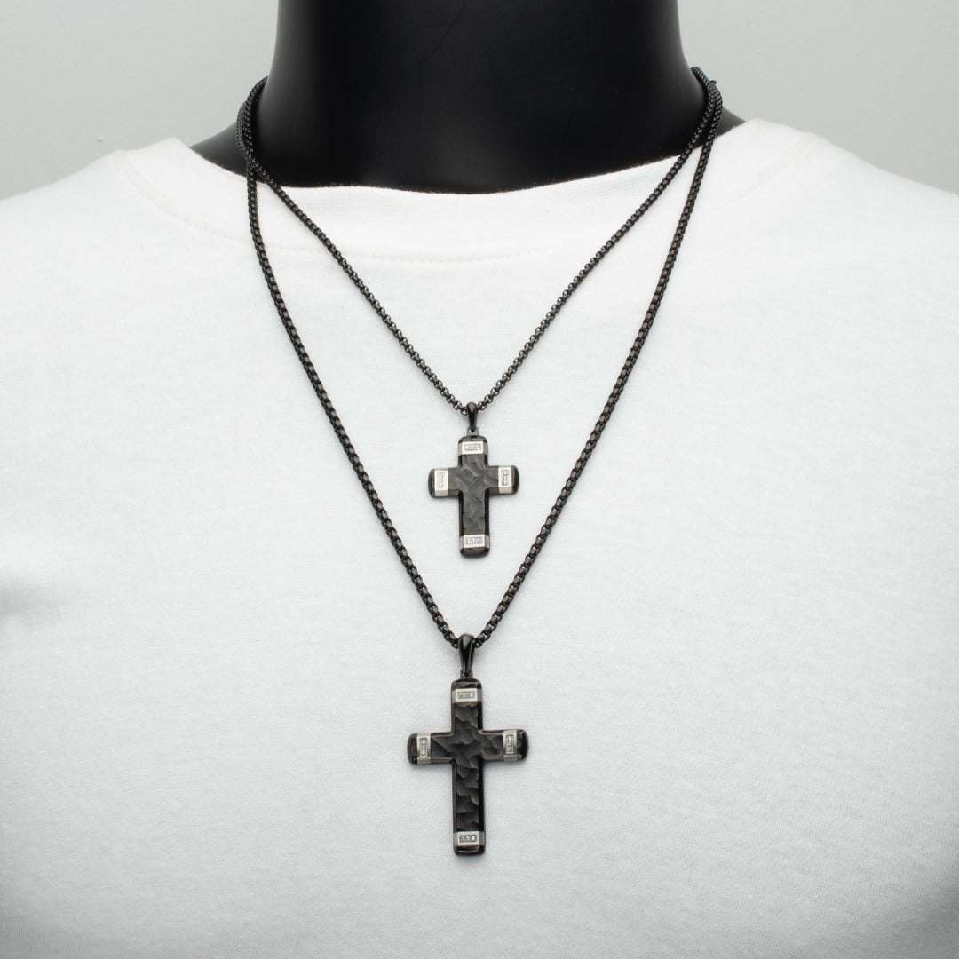 Matte Finish Black IP Carved Steel Small Cross Pendant with steel accents & Lab-Grown Diamonds