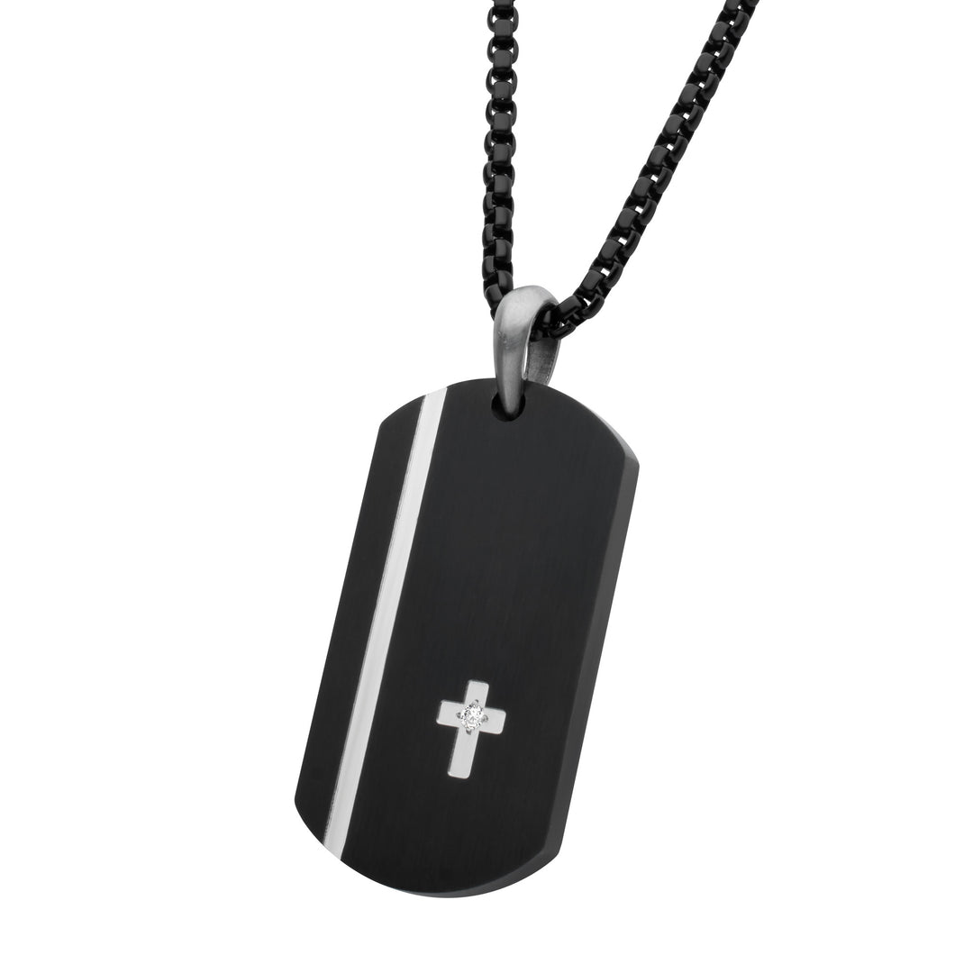 Black IP Steel Dog Tag Pendant with Solitaire Accented Clear Lab-Grown Diamond Cross Inlay