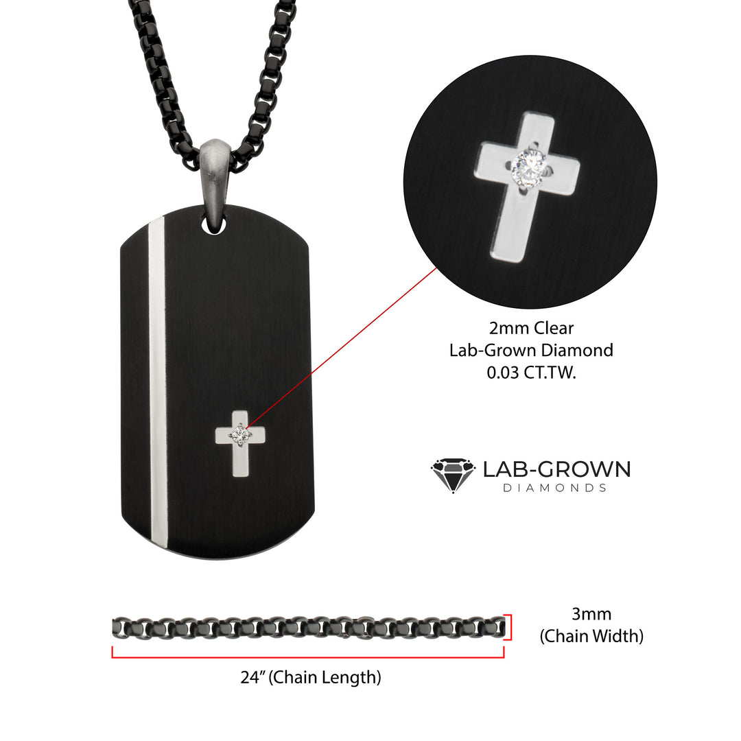 Black IP Steel Dog Tag Pendant with Solitaire Accented Clear Lab-Grown Diamond Cross Inlay