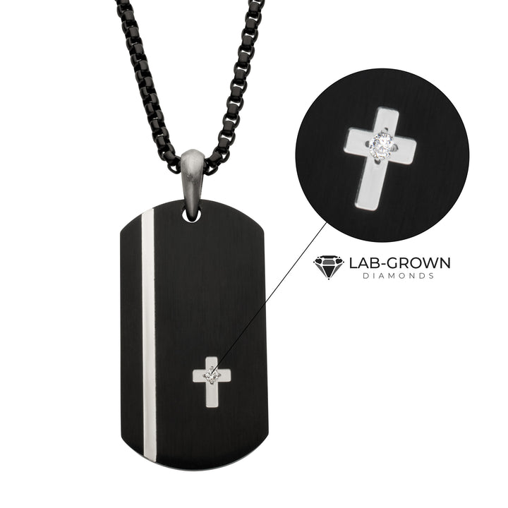 Black IP Steel Dog Tag Pendant with Solitaire Accented Clear Lab-Grown Diamond Cross Inlay