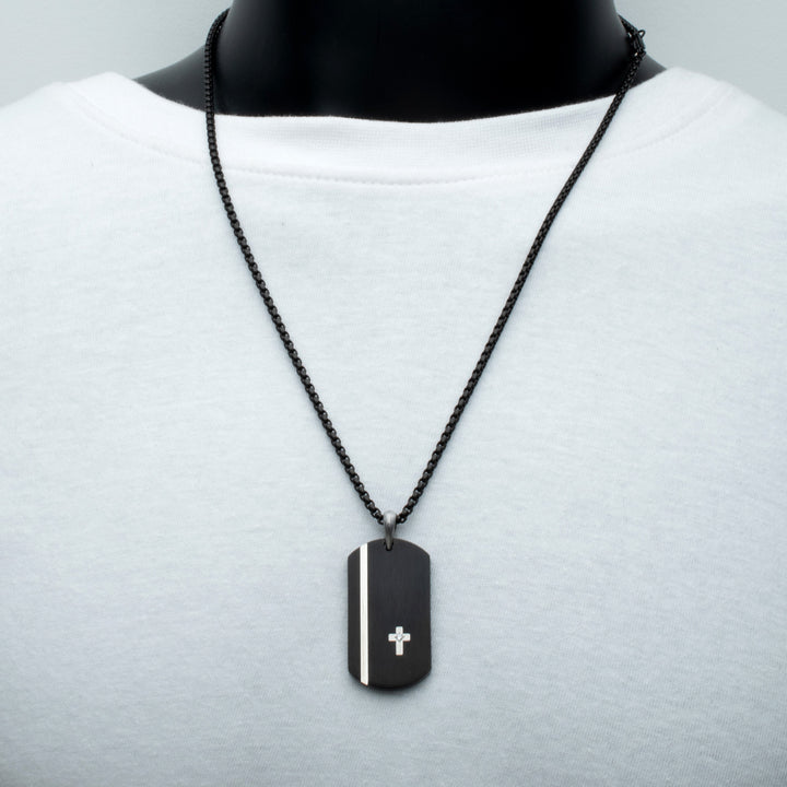 Black IP Steel Dog Tag Pendant with Solitaire Accented Clear Lab-Grown Diamond Cross Inlay