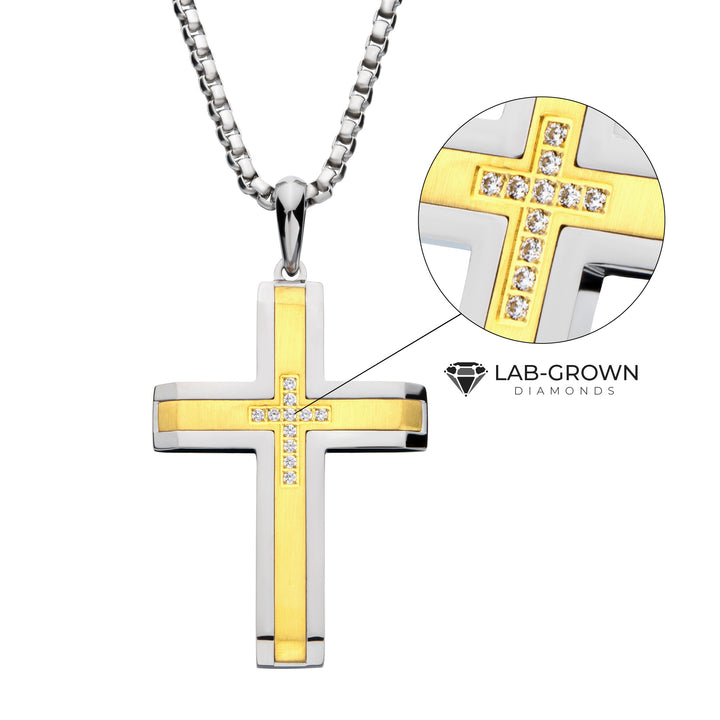 18Kt Gold IP Steel Lab-Grown Diamond Brushed Finish Cross Pendant