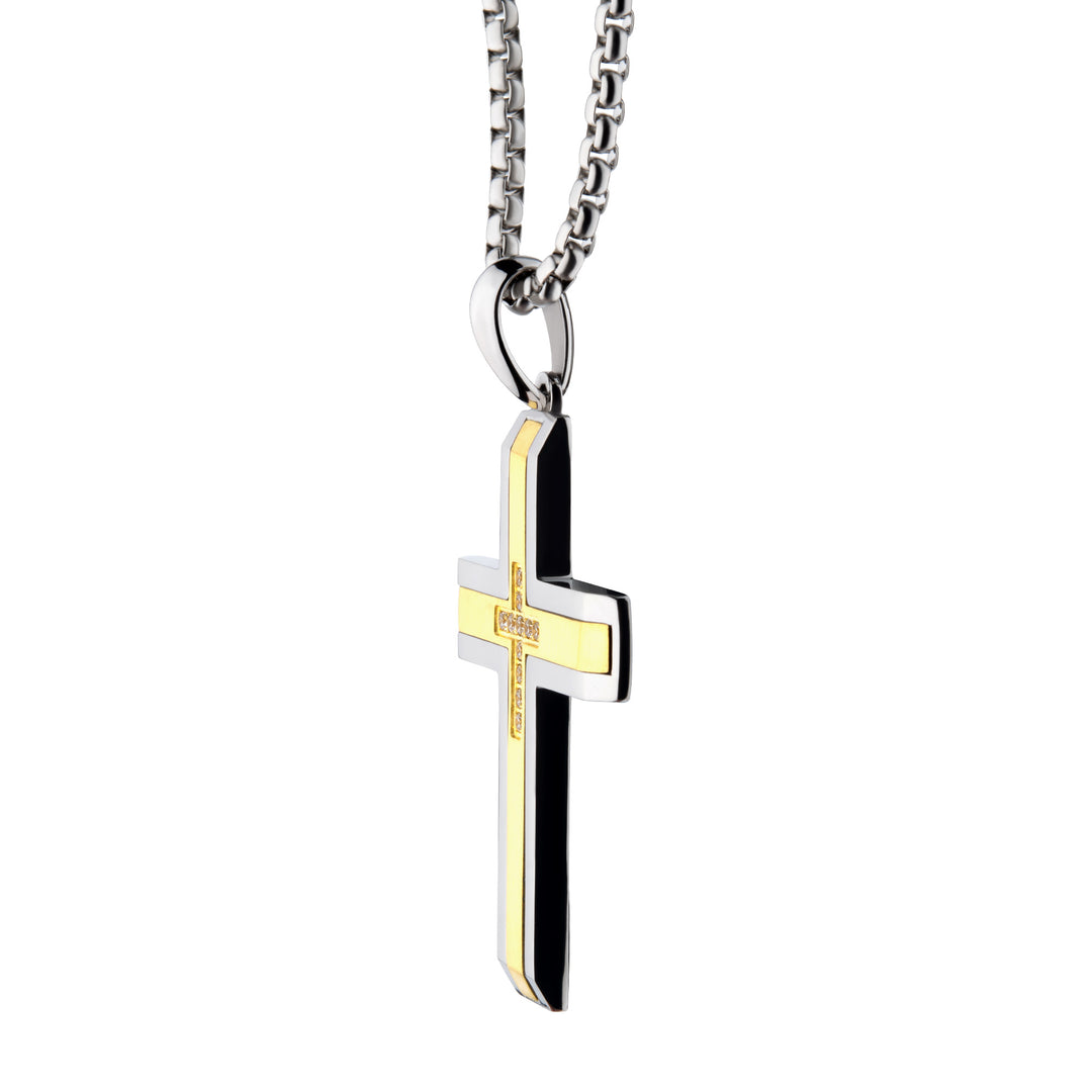 18Kt Gold IP Steel Lab-Grown Diamond Brushed Finish Cross Pendant