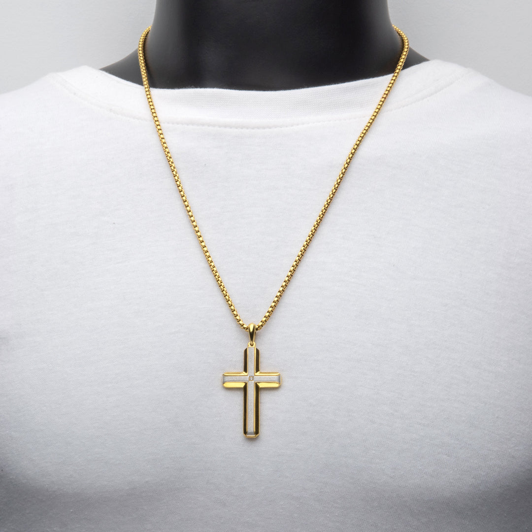 18Kt Gold IP Steel Lab-Grown Diamond Brushed Finish Cross Pendant