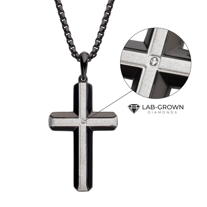 Black IP Steel Lab-Grown Diamond Brushed Finish Cross Pendant