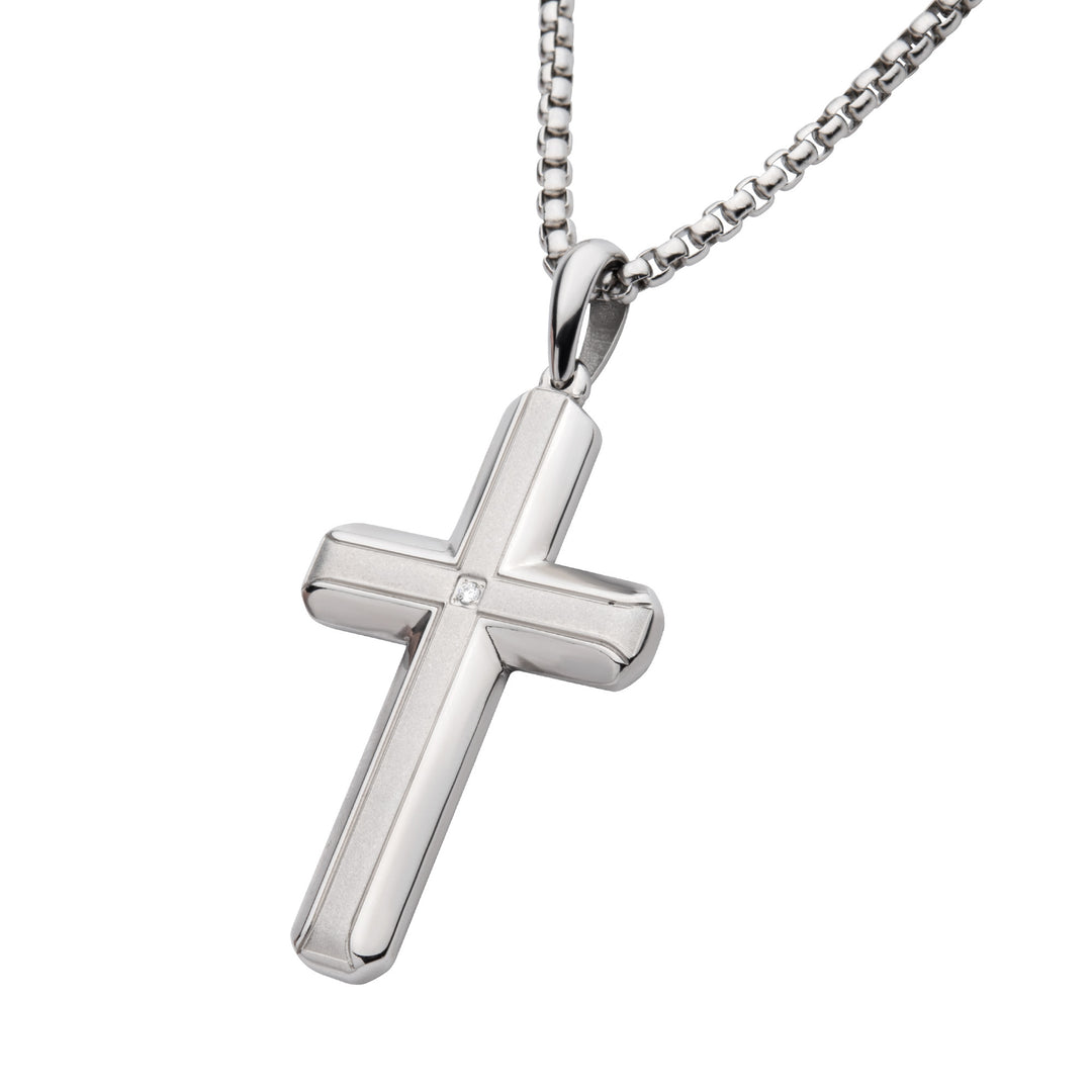 Stainless Steel Lab-Grown Diamond Brushed Finish Cross Pendant