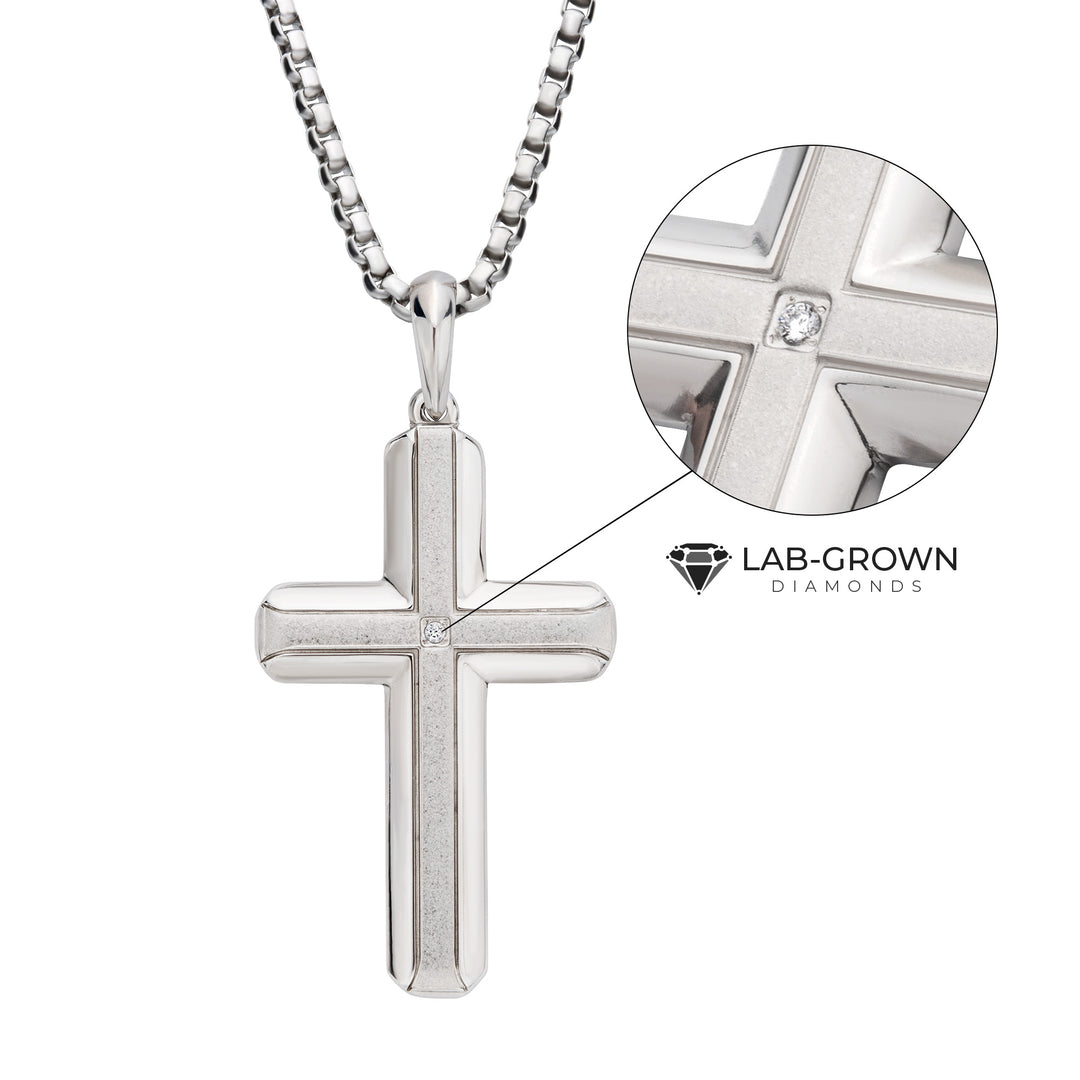 Stainless Steel Lab-Grown Diamond Brushed Finish Cross Pendant