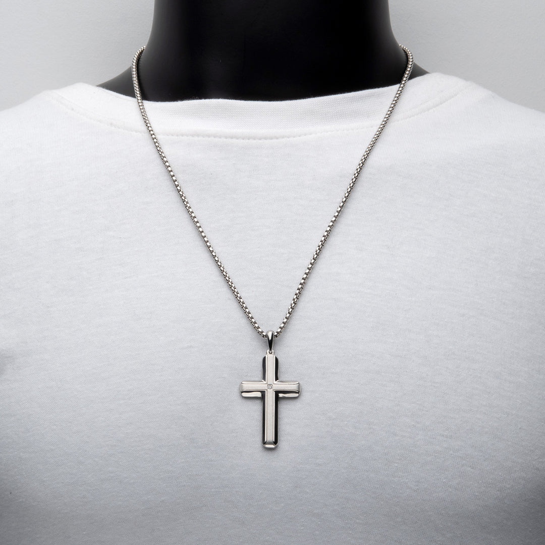 Stainless Steel Lab-Grown Diamond Brushed Finish Cross Pendant