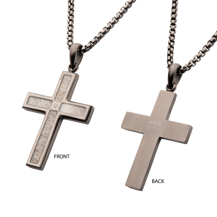 Gun Metal IP Steel Matte Finish Deer Antler Inlay with Lab-Grown Diamond Cross Pendant