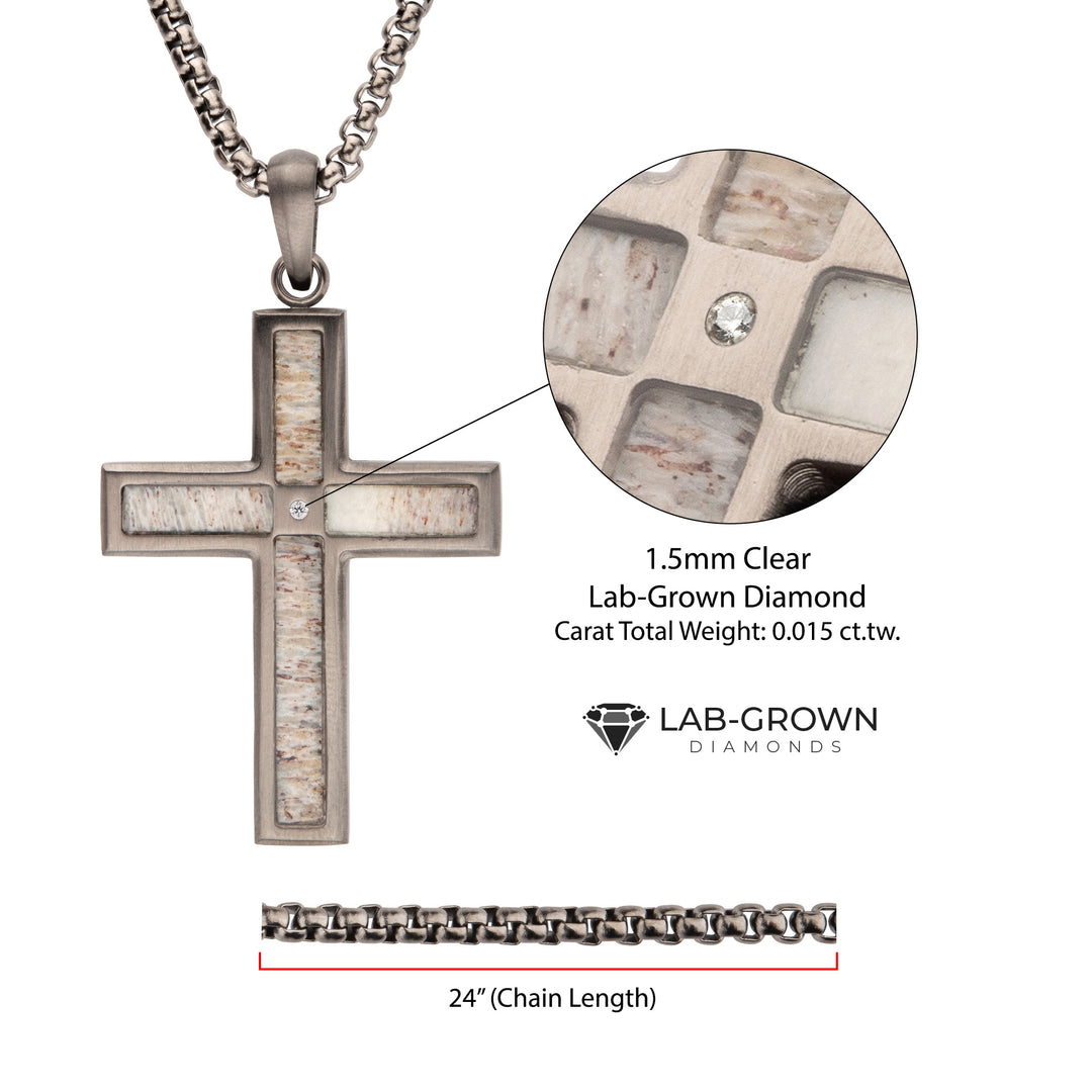 Gun Metal IP Steel Matte Finish Deer Antler Inlay with Lab-Grown Diamond Cross Pendant