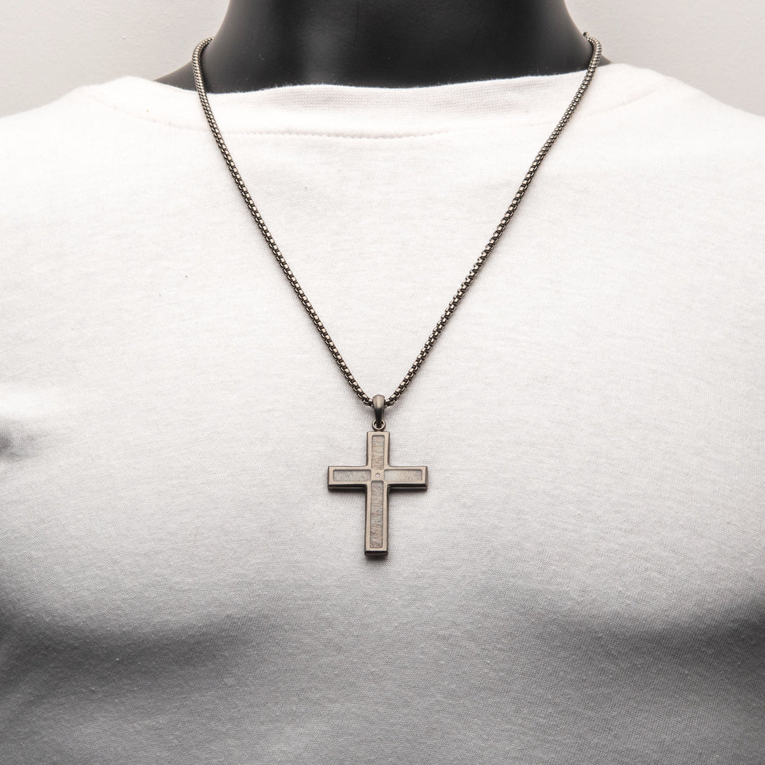 Gun Metal IP Steel Matte Finish Deer Antler Inlay with Lab-Grown Diamond Cross Pendant