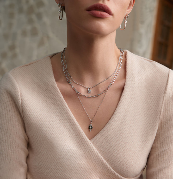 Silver Pearl Geometric Pendant Necklace