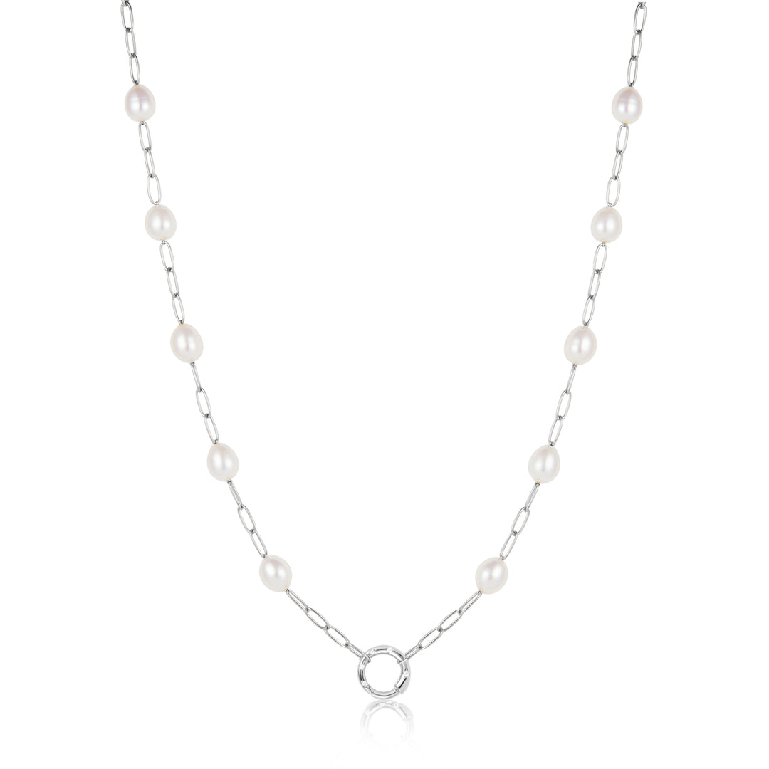 Silver Pearl Chain Charm Connector Necklace