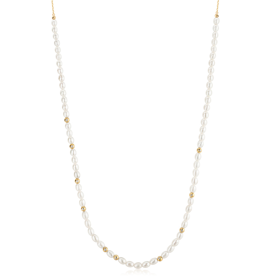 Gold Freshwater Pearl and White Cubic Zirconia Bezel Set Slider Necklace