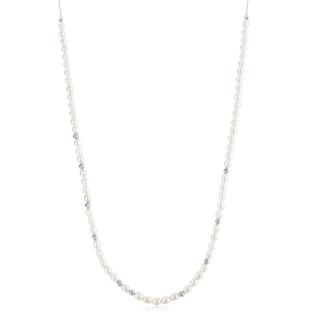 Silver Freshwater Pearl and White Cubic Zirconia Bezel Set Slider Necklace