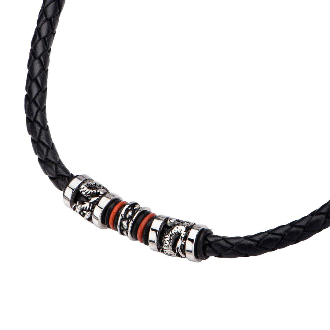 Black Leather with Red Orange Steel Necklace