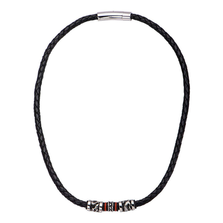 Black Leather with Red Orange Steel Necklace