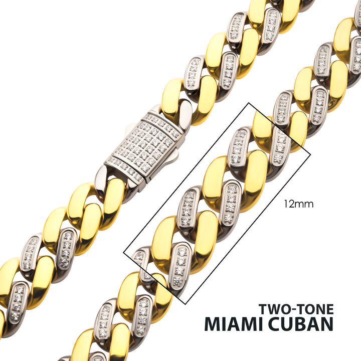 18Kt Gold IP Stainless Steel Two-Tone Miami Cuban Chain Necklace, Steel Links with CNC Precision Set Cubic Zirconia