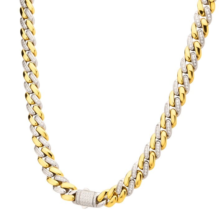 18Kt Gold IP Stainless Steel Two-Tone Miami Cuban Chain Necklace, Steel Links with CNC Precision Set Cubic Zirconia