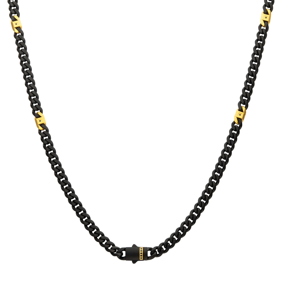 6mm Black IP Steel Matte Finish Miami Cuban Chain Necklace with Genuine Black Sapphire Gem