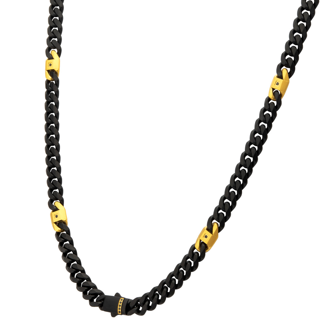 8mm Black IP Steel Matte Finish Miami Cuban Chain Necklace with Genuine Black Sapphire Gem