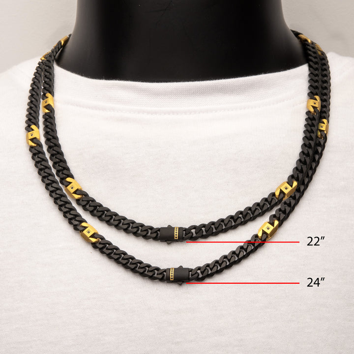 8mm Black IP Steel Matte Finish Miami Cuban Chain Necklace with Genuine Black Sapphire Gem